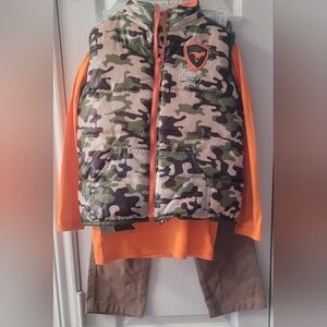 Boys 3pc Set By Boyz Wear. Camoflage Vest, Brown Pants, Orange Hooded Top